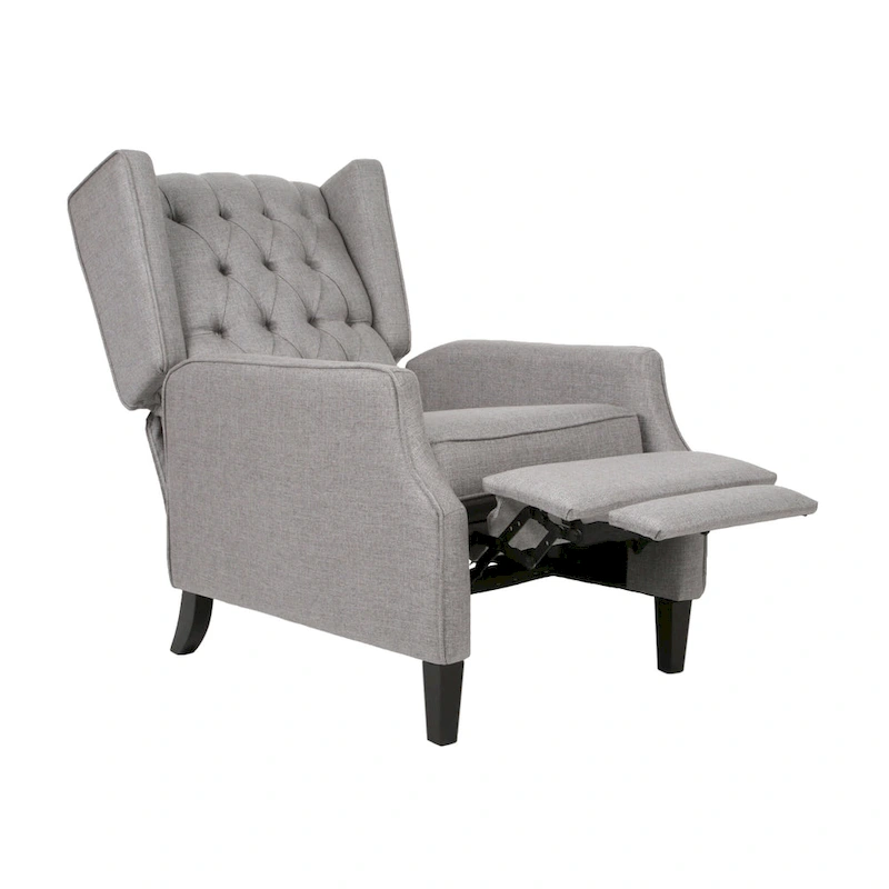 Grey Fabric Mid-Century Upholstered Wingback Push-Back Recliner with Footrest and Button-tufted Backrest