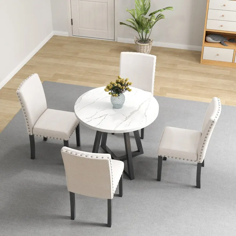 Five-piece dining room set with imitation marble table top,solid wood,space-saving kitchen and dining room combination furniture