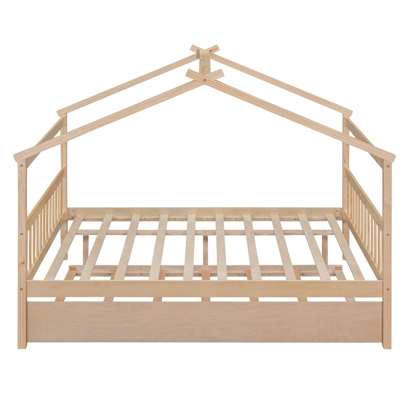 Wooden Full House Day Bed with Trundle