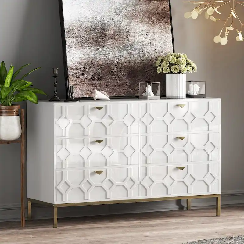 Clihome Wooden Storage 6 Drawer Double Dresser for Bedroom