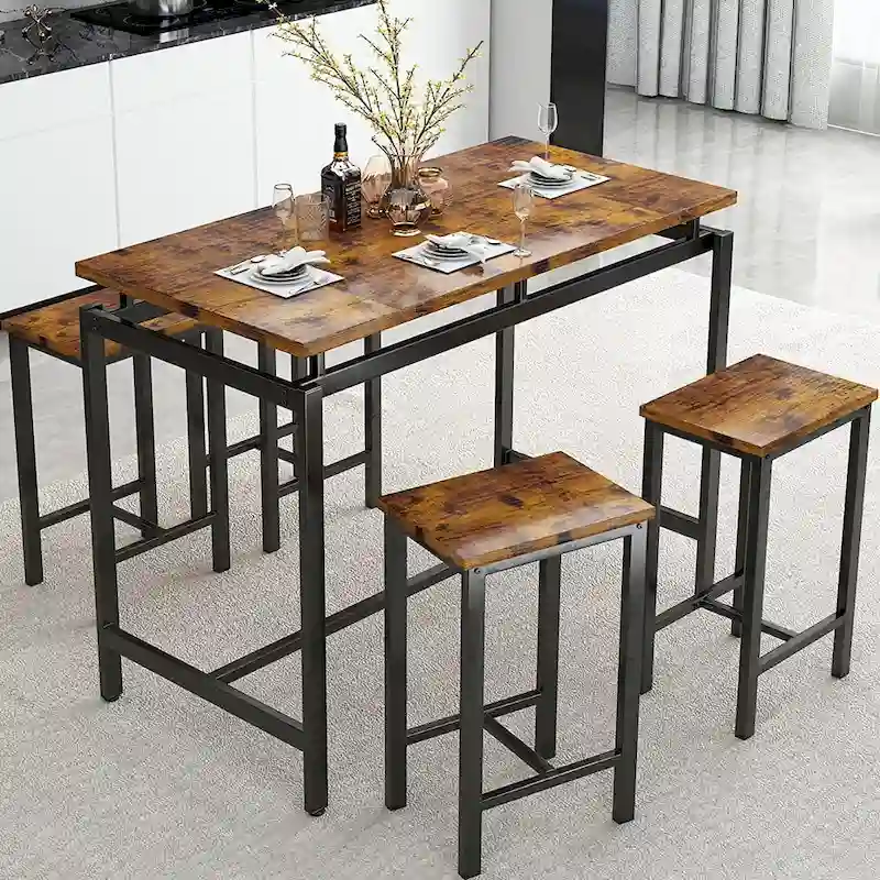 Dining Table Set for 4, Industrial Kitchen & Dining Room Table Sets with 4 Square Stools, Counter Height Bar Table Set