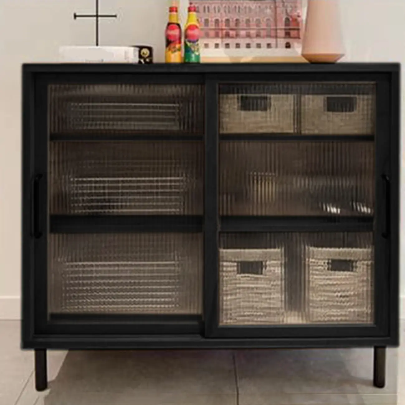 Modern Natural Wooden Sliding Glass Storage Cabinet