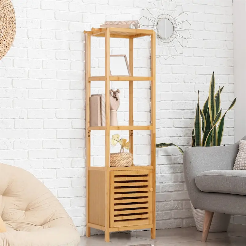 Natural Wood Bamboo Tall Slim Storage Cabinet with 1 Door, 3 Shelves & 3 Hooks