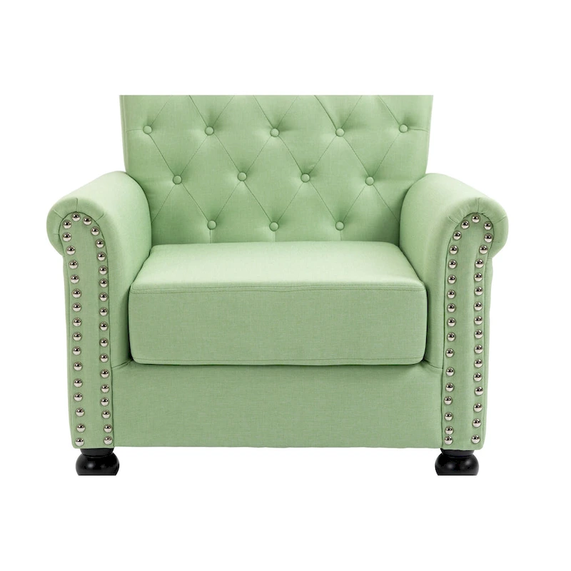 Mid-Century Modern Accent Chair, Linen Armchair w/Tufted Back/Wood Legs