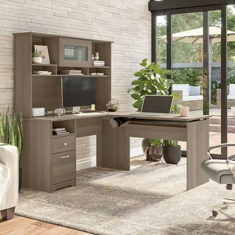 60W 3-position L-shaped Sit to Stand Desk with Hutch by