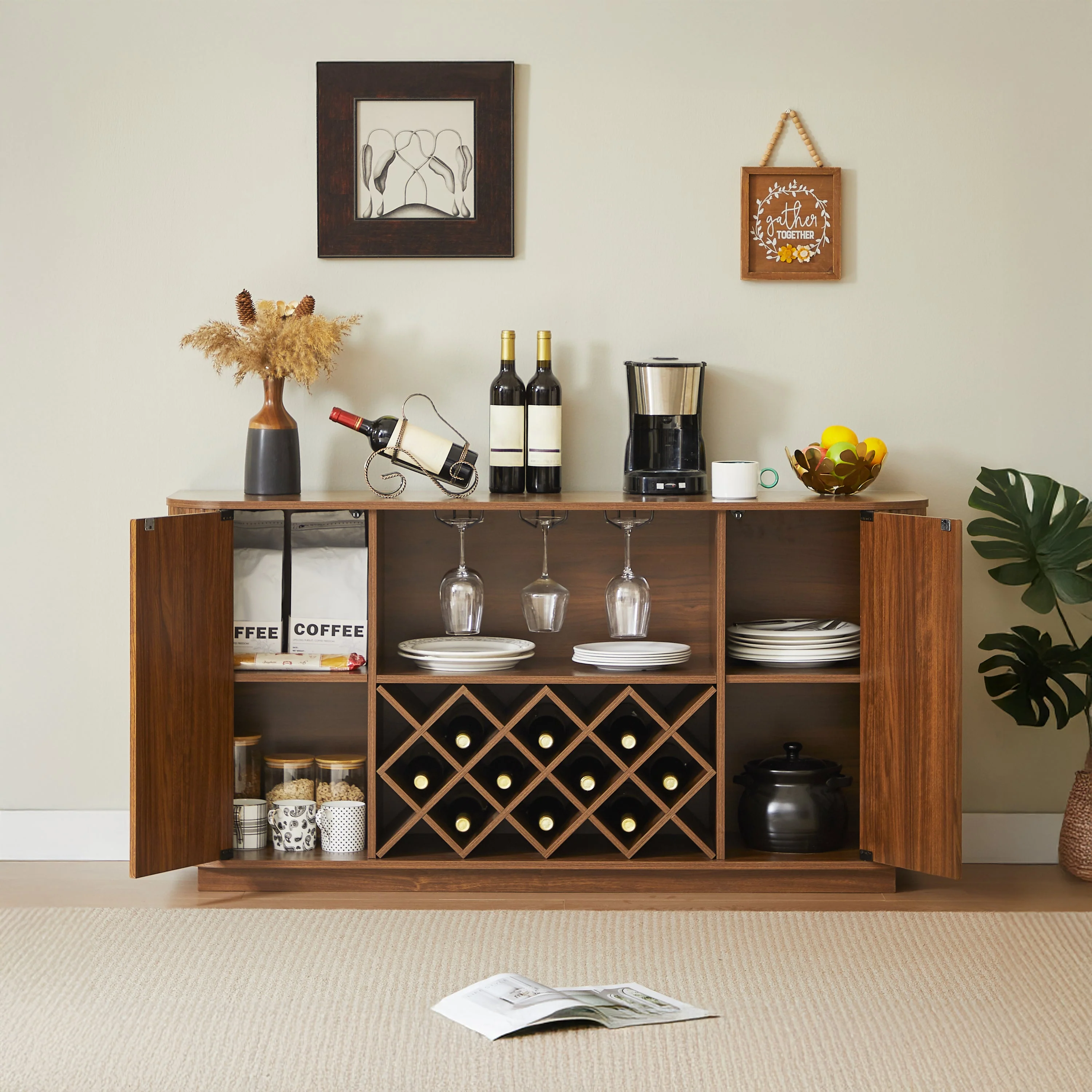 Modern Fluted Curve 58' Wine Rack Bar Cabinet / Sideboard