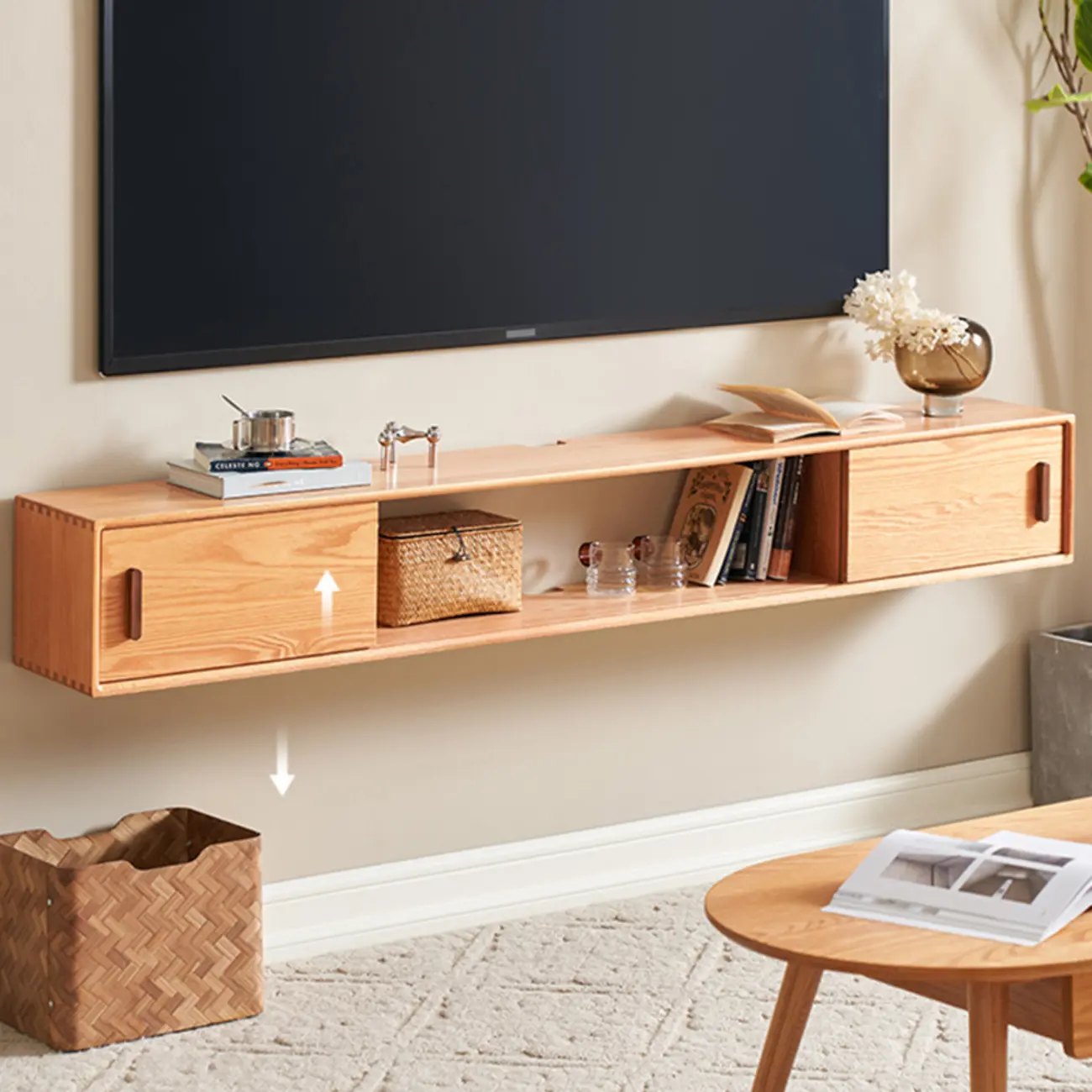Natural Wood Wall Mount TV Stand Entertainment Center