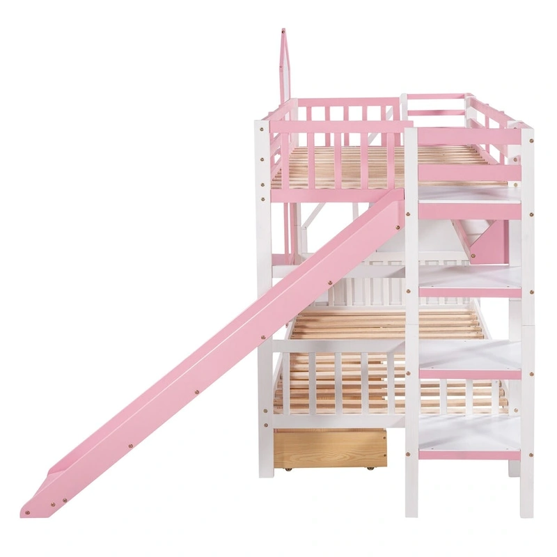 Twin-Over-Twin Castle Style Bunk Bed with Drawers,Shelves,Slide