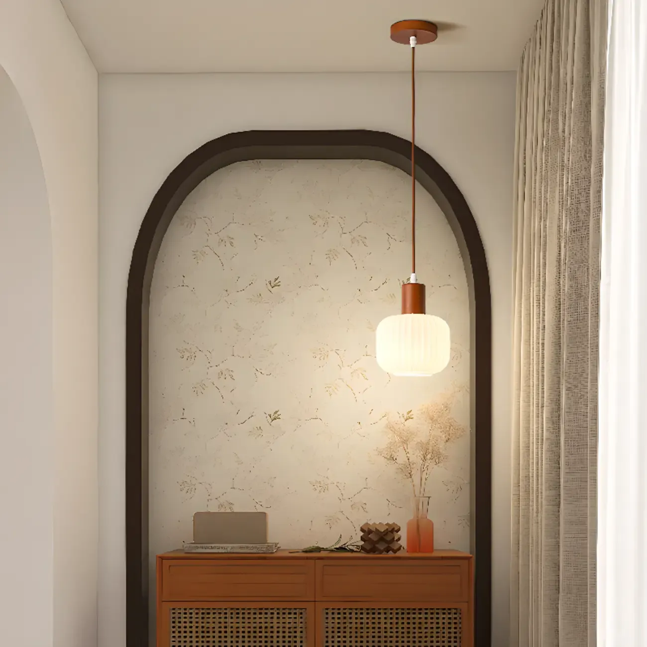 Modern White Glass Pendant Light with Solid Wood Accent