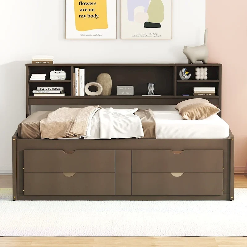 Full Wooden Daybed with Cabinets, Shelves, and Drawers