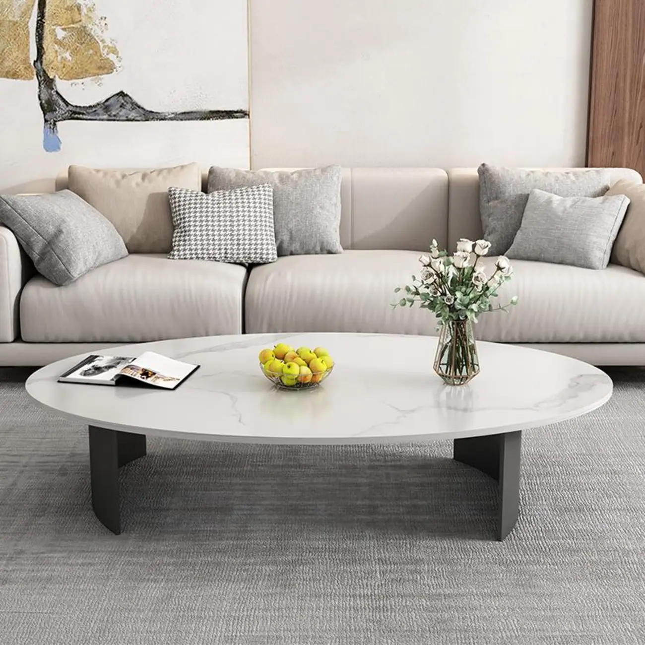 Oval Stone Top Scratch Resistant Iron Base Coffee Table