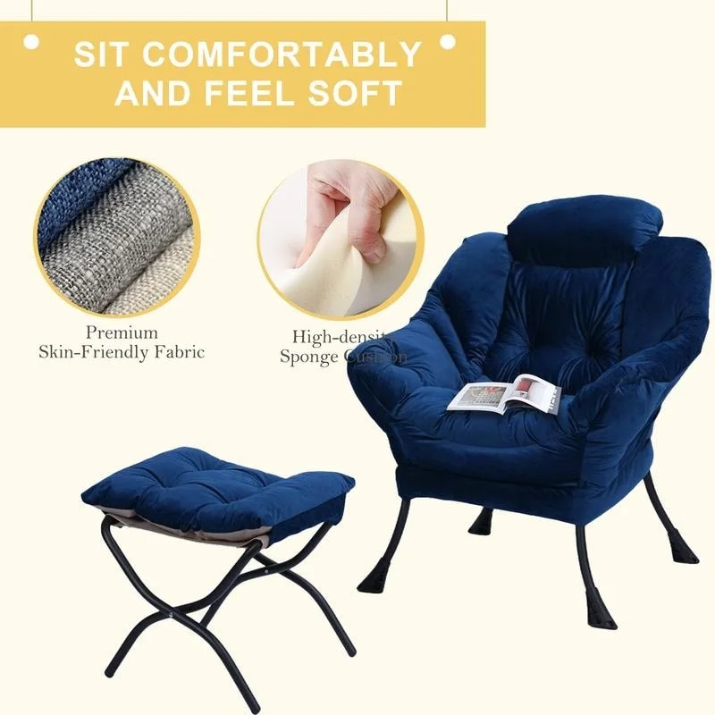 Modern Cotton Thick Padded Lazy Chair With Folding Ottoman