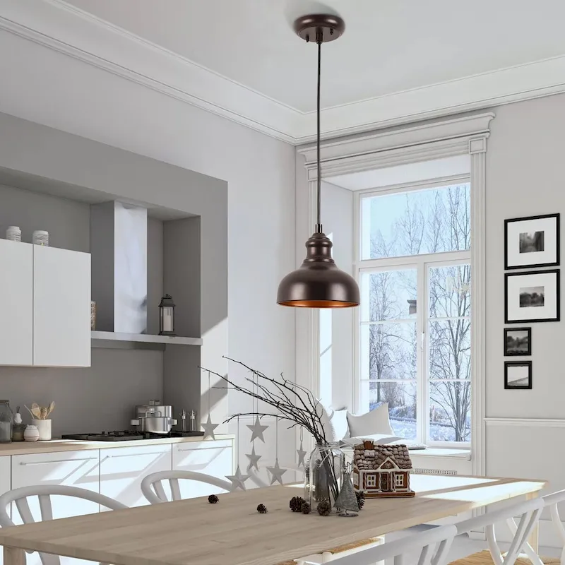 1-Light Black Hanging Pendant with Metal Dome Shaded