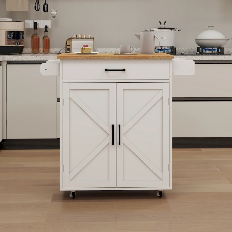 Kitchen Trolley Carts On Wheels Rolling Kitchen Island Cart W/Rubber-wood Countertop, With 1 Drawer 2 Doors, Towel Rack