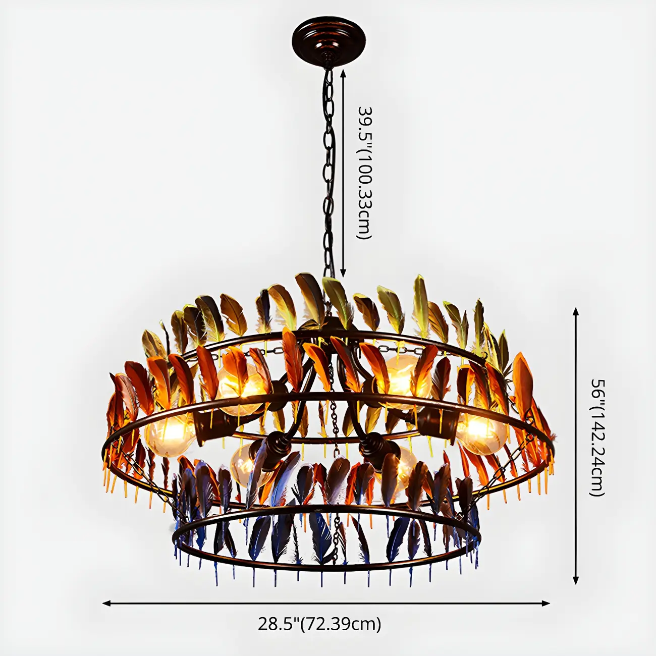 Art Deco 2-Tier Feather Hoop Chandelier with Adjustable Chain