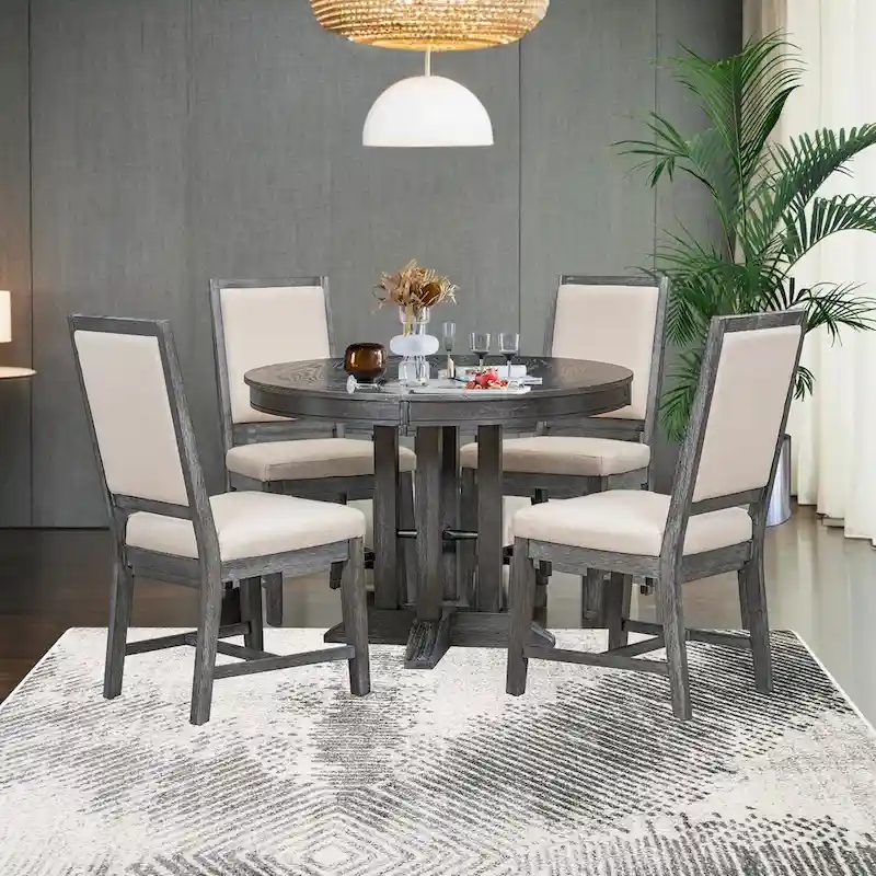 5-Piece Dining Set Extendable Round Table and 4 Upholstered Chairs Farmhouse Dining Set for Kitchen, Dining Room