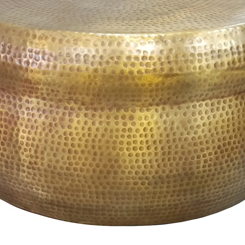 32 Inch Artisanal Round Drum Coffee Table, Hammered Embossed Texturing, Aluminum, Antique Brass