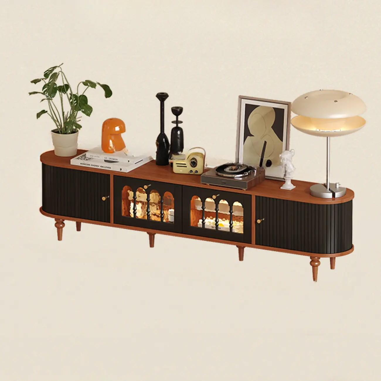 Warm Shaker Wood TV Stand with Cable Management & Light & 4-Cabinet/5 Cabinets/6 Cabinets