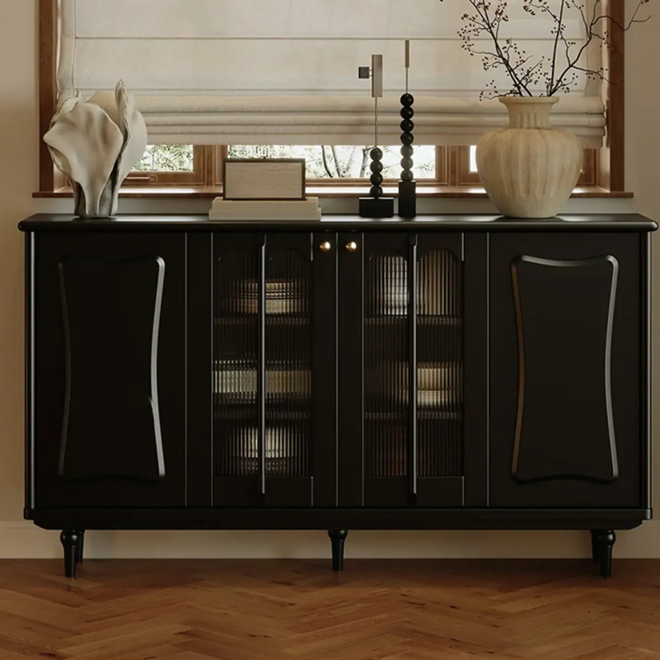 Medieval Style Black Wooden Buffet Table with Shelves