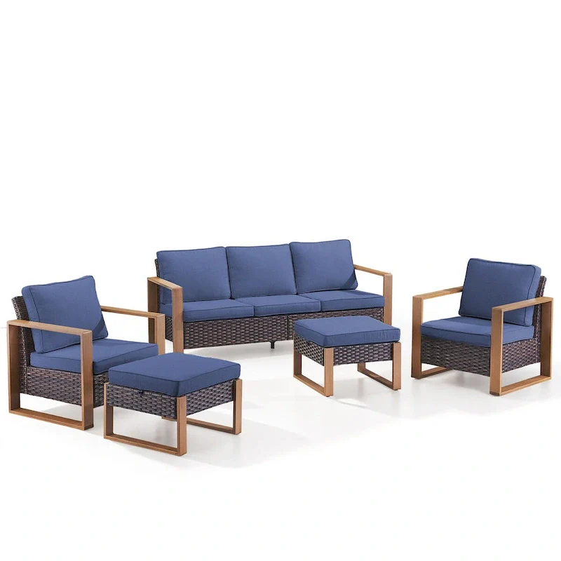 Gymojoy PE Rattan Chairs with Sofa Ottoman Set - Brown