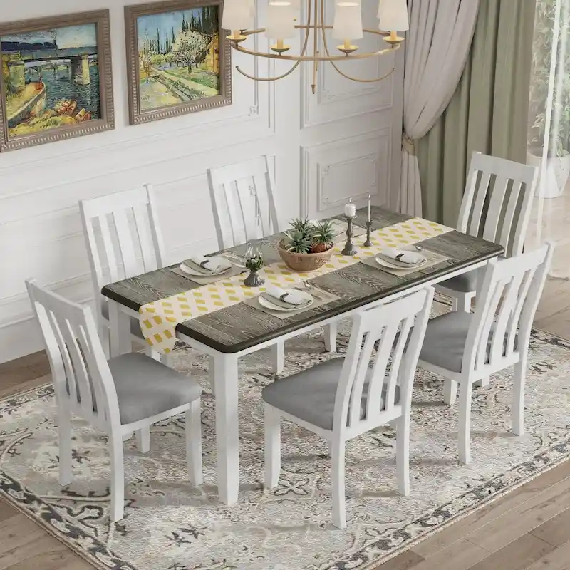 7-Piece Dining Table Set with Extendable Table and 6 Upholstered Chairs