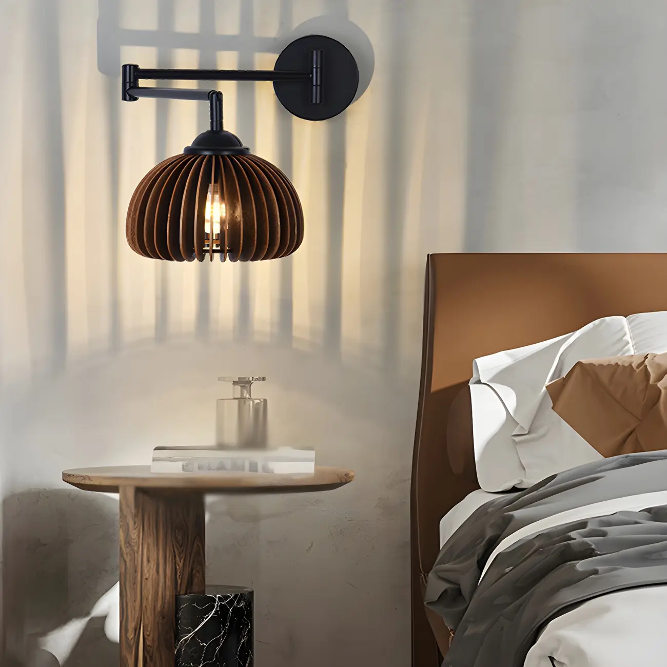 Black Metal Swing Arm Wall Light with Wood Shade