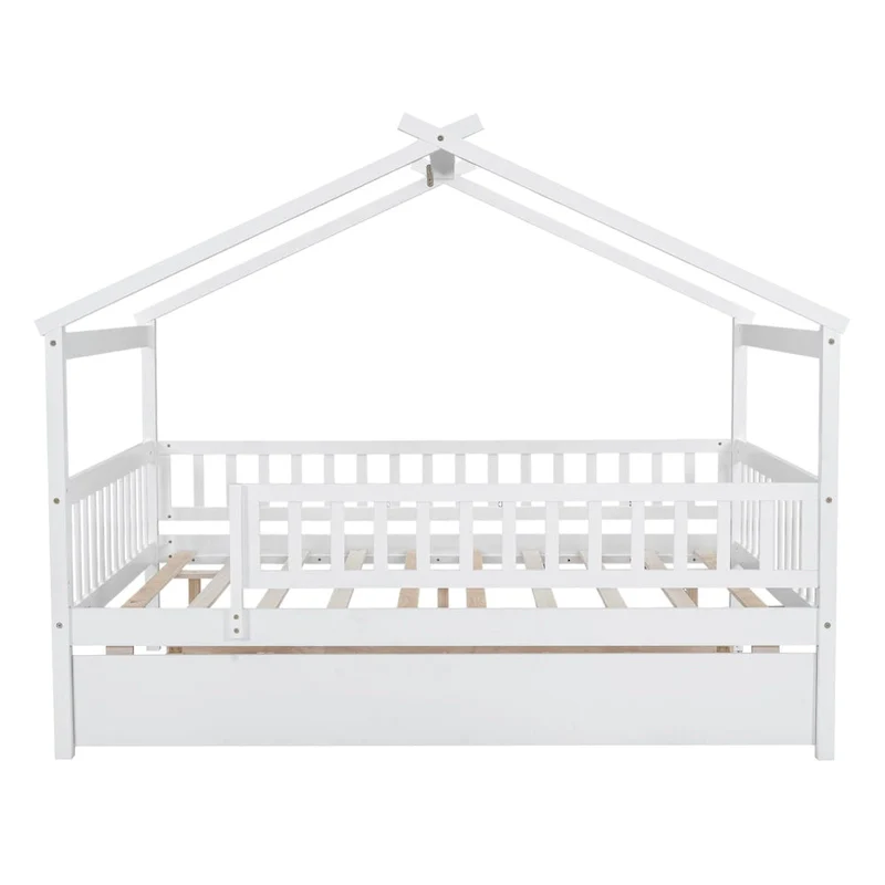 White Pine Wood House Bed with Twin Size Trundle, Full-Length Guardrail