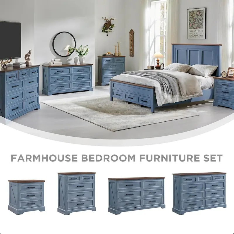9-Drawer Dresser, Farmhouse, Blue/Grey/Brown/Off White/Black, Engineered Wood