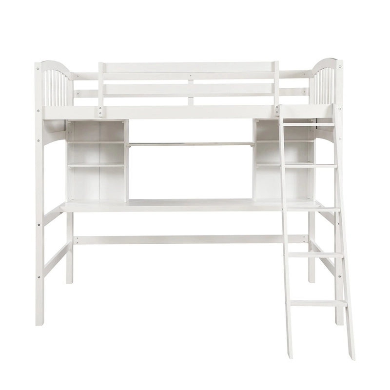 White Solid Wood Twin Size Loft Bed with Desk