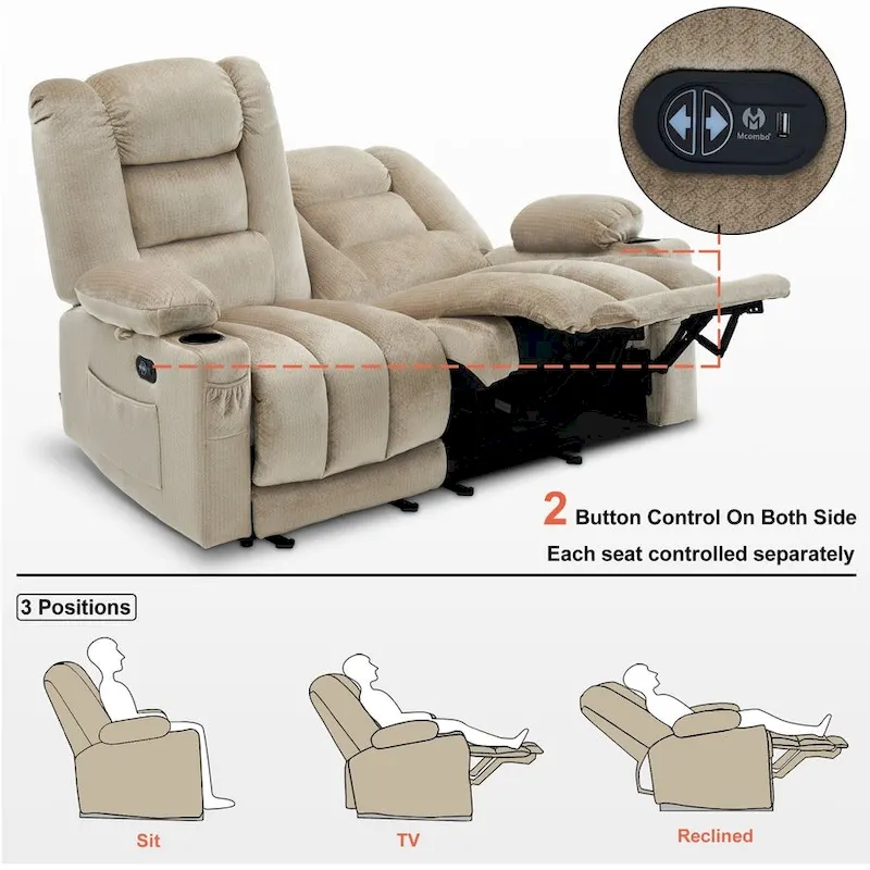 MCombo Power Reclining Loveseat Sofa with Heat and Massage, Fabric PR648