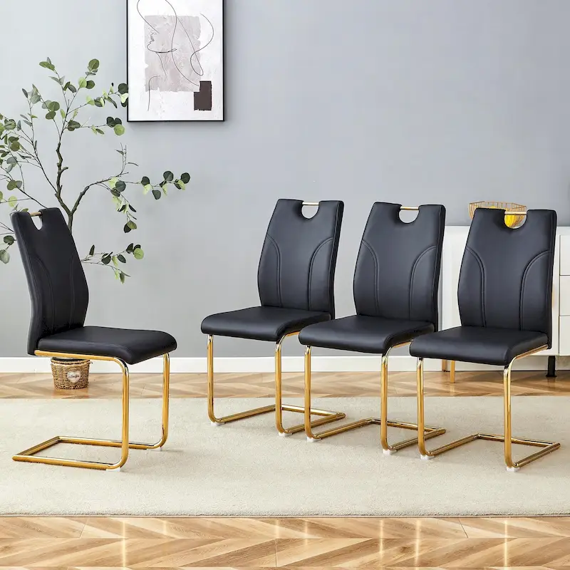 PU Dining Chair Set, Uniquely Designed Black Dining Chairs, Pu Material, Paired With Gold Metal Chair Legs (Set Of 4)