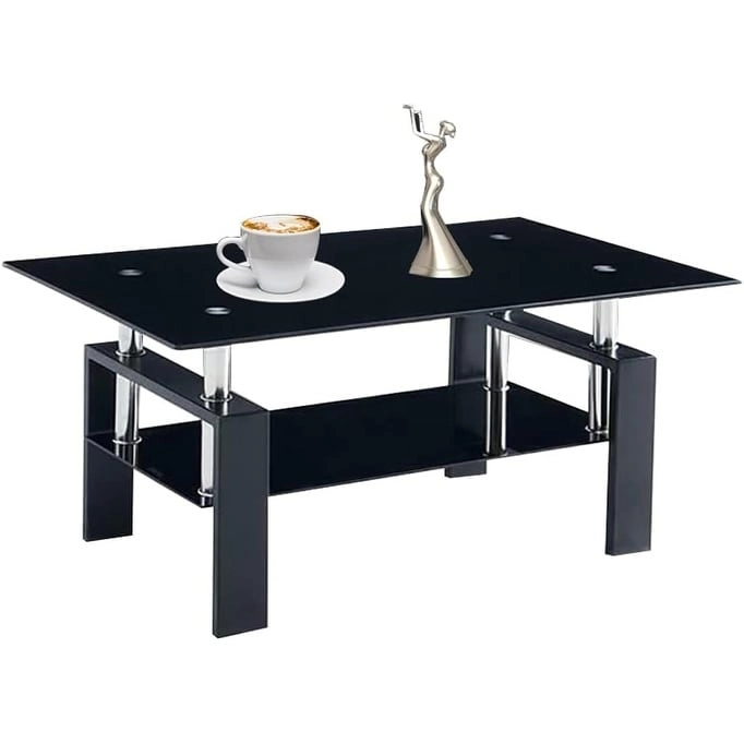 Rectangle Coffee Table Glass Tabletop with Lower Shelf