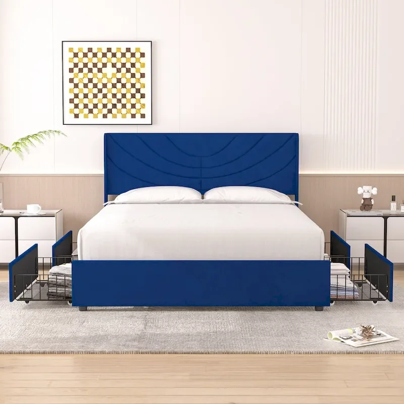 Upholstered Bed Frame with Headboard and 4 Storage Drawers