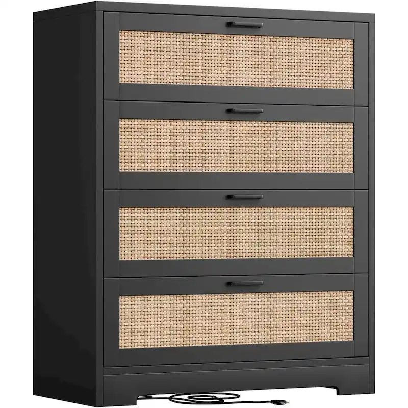 Wood Rattan 4-Drawer Dresser with Power Outlets (31.49