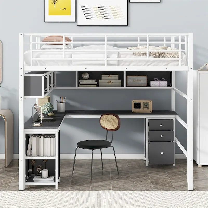 Merax Metal Loft Bed with bookcase, desk and cabinet