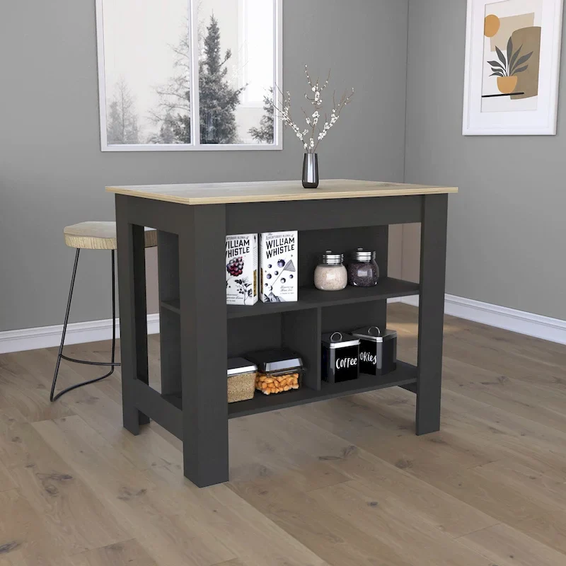 Kitchen Island Dozza, Three Shelves, Black Wengue / Light Oak Finish