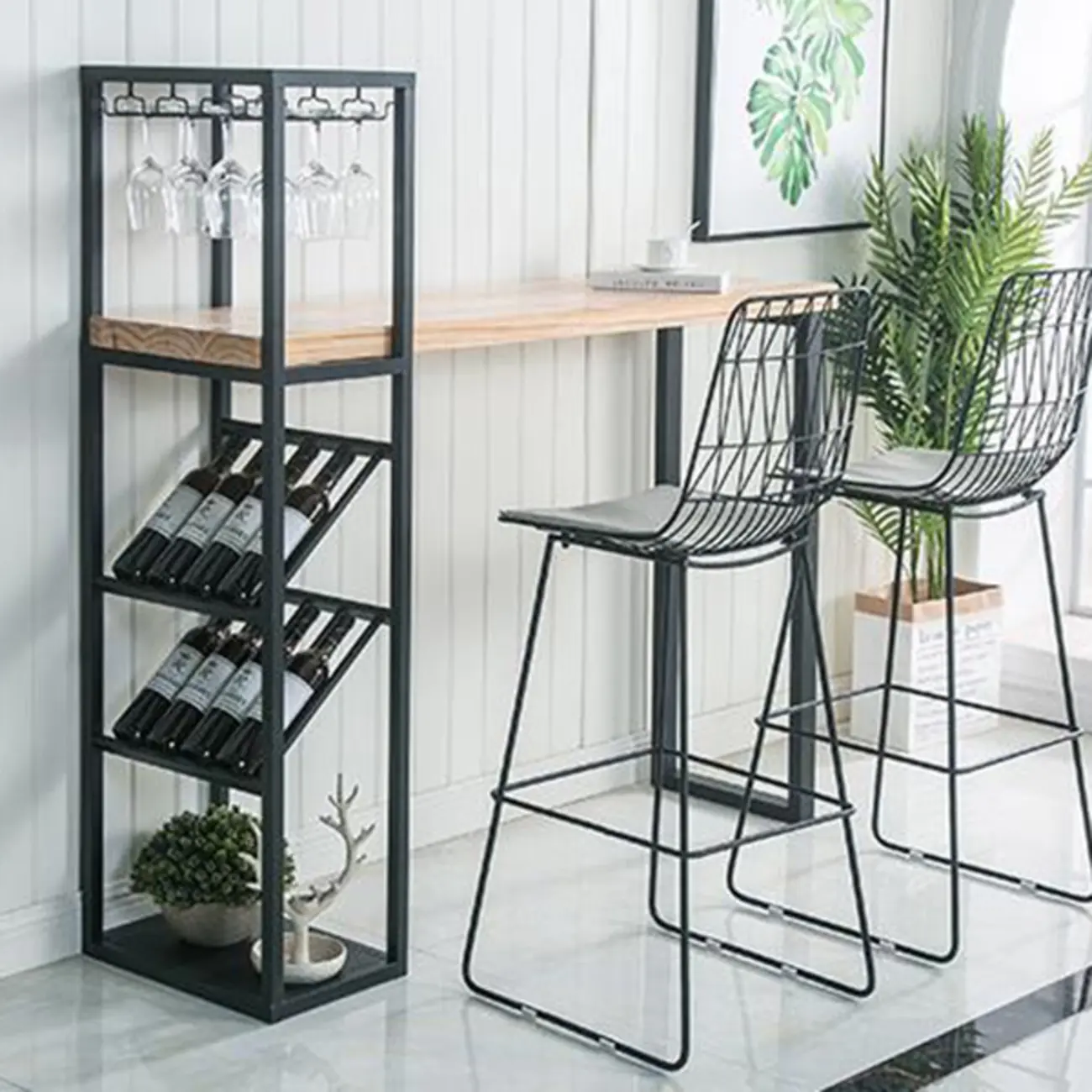 Glam White-Gold 2-Tier Shelves Bar Tables with Stemware Holders