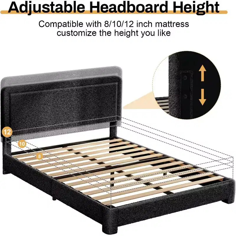 Dyonery Boucle Bed Frame,Black Upholstered Teddy Fabric Bed Frame with Headboard,No Box Spring Required, Adjustable Headboard, Easy Assembly