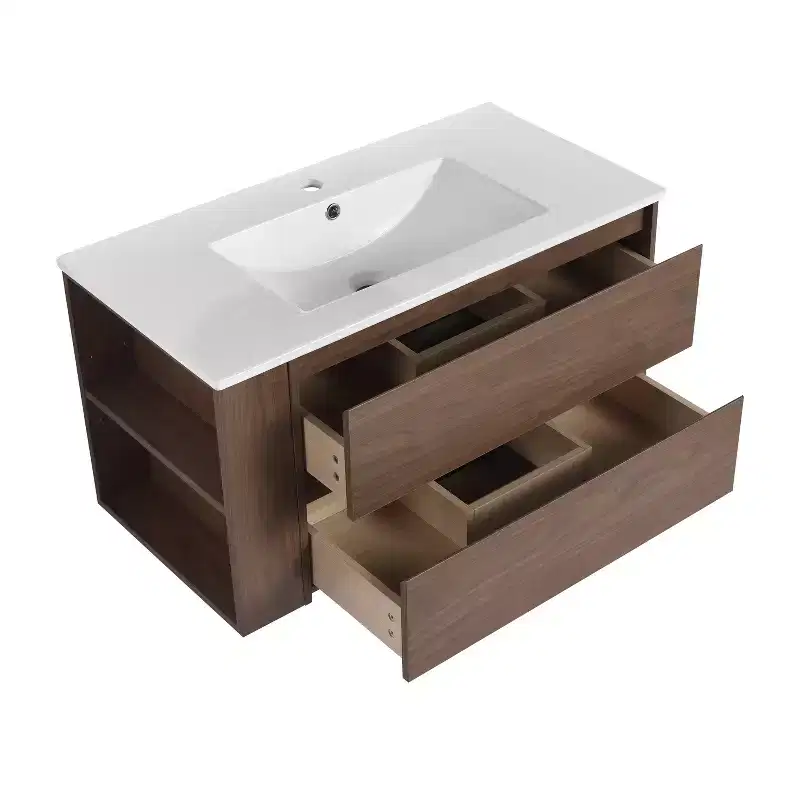 Floating Wall-Mounted Bathroom Vanity with Sink, 2 Drawers & Open Shelf, Single Use