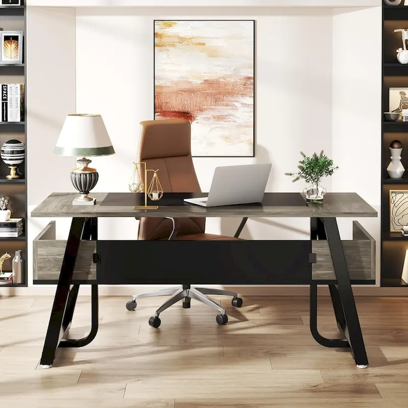 63 Inches Large Executive Desk with Bottom Shelves