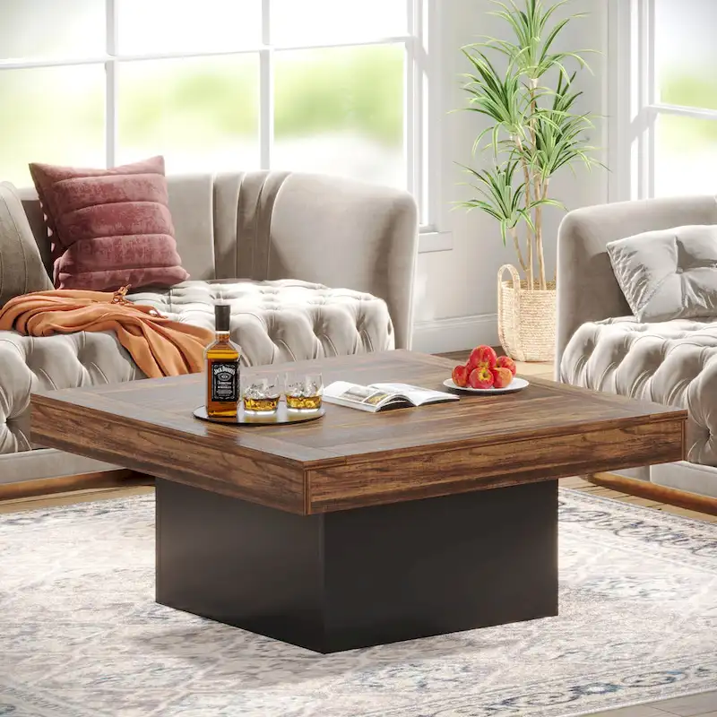 Farmhouse Coffee Table Square LED Coffee Table Engineered Wood Coffee Table