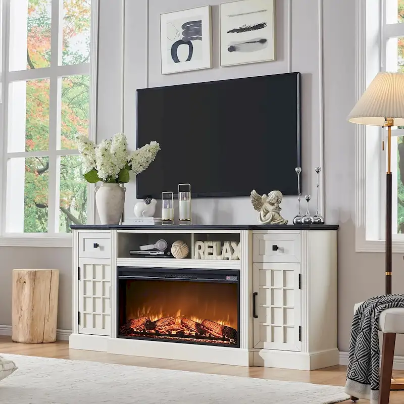 Black/Brown/White Farmhouse Electric Fireplace TV Stand, Fits 80