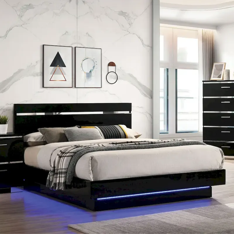 Benvolio Contemporary Black LED Light Platform Bed by