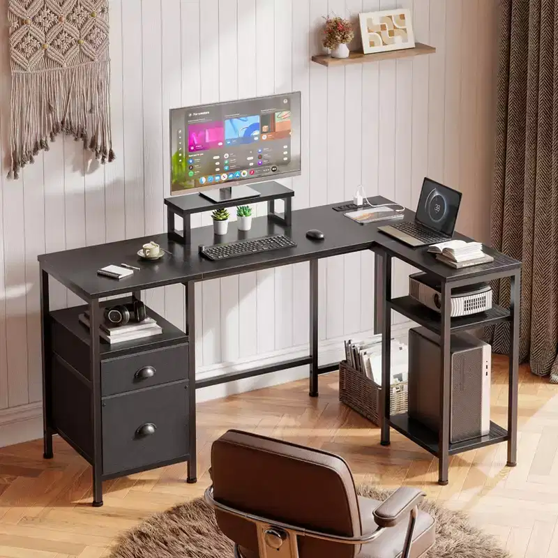 Black L-Shaped Corner Desk with Monitor Stand & File Drawer, 1-Person