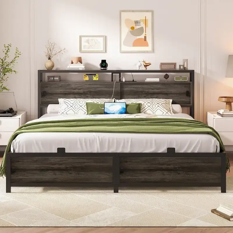 Platform Bed Frame with Sliding Doors Storage Headboard, Beds with Charging Station and LED Light
