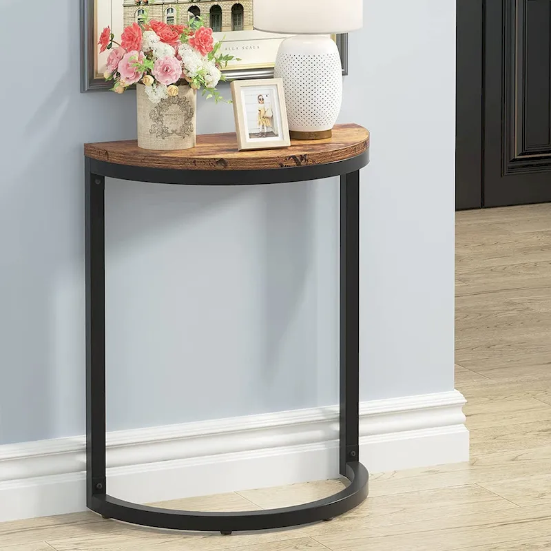 Half Round End Table, Narrow Side Table Slim C Table with Metal Frame