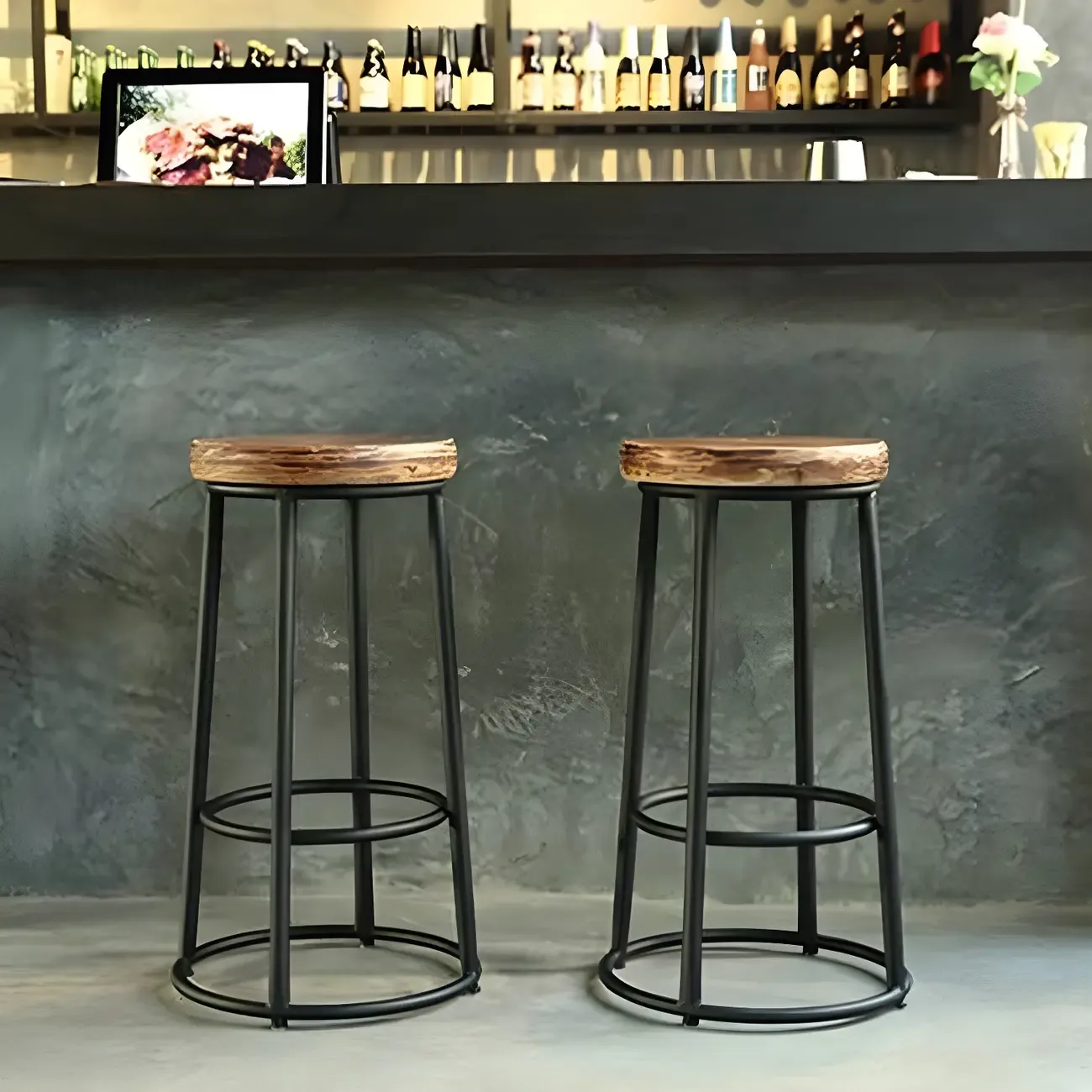 Backless Industrial Round Wooden Bar Stools
