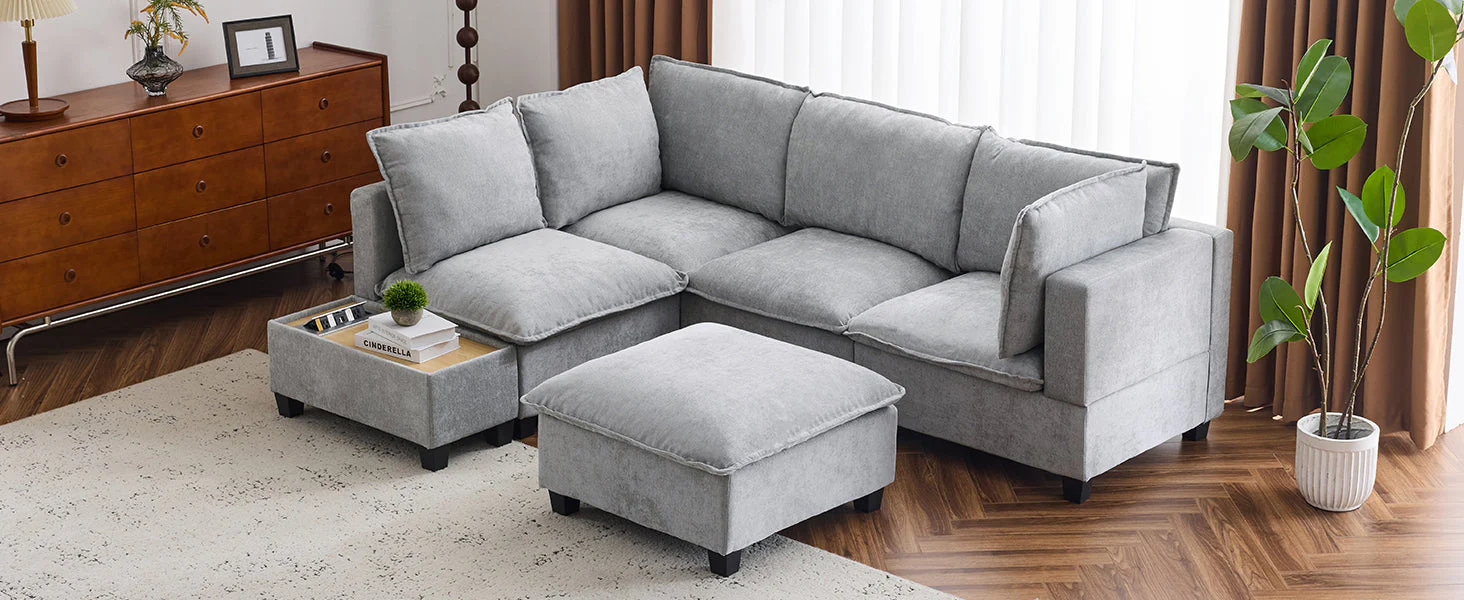 Walker Edison | Cloud Chenille Modular Sectional Sofa with Coffee Table