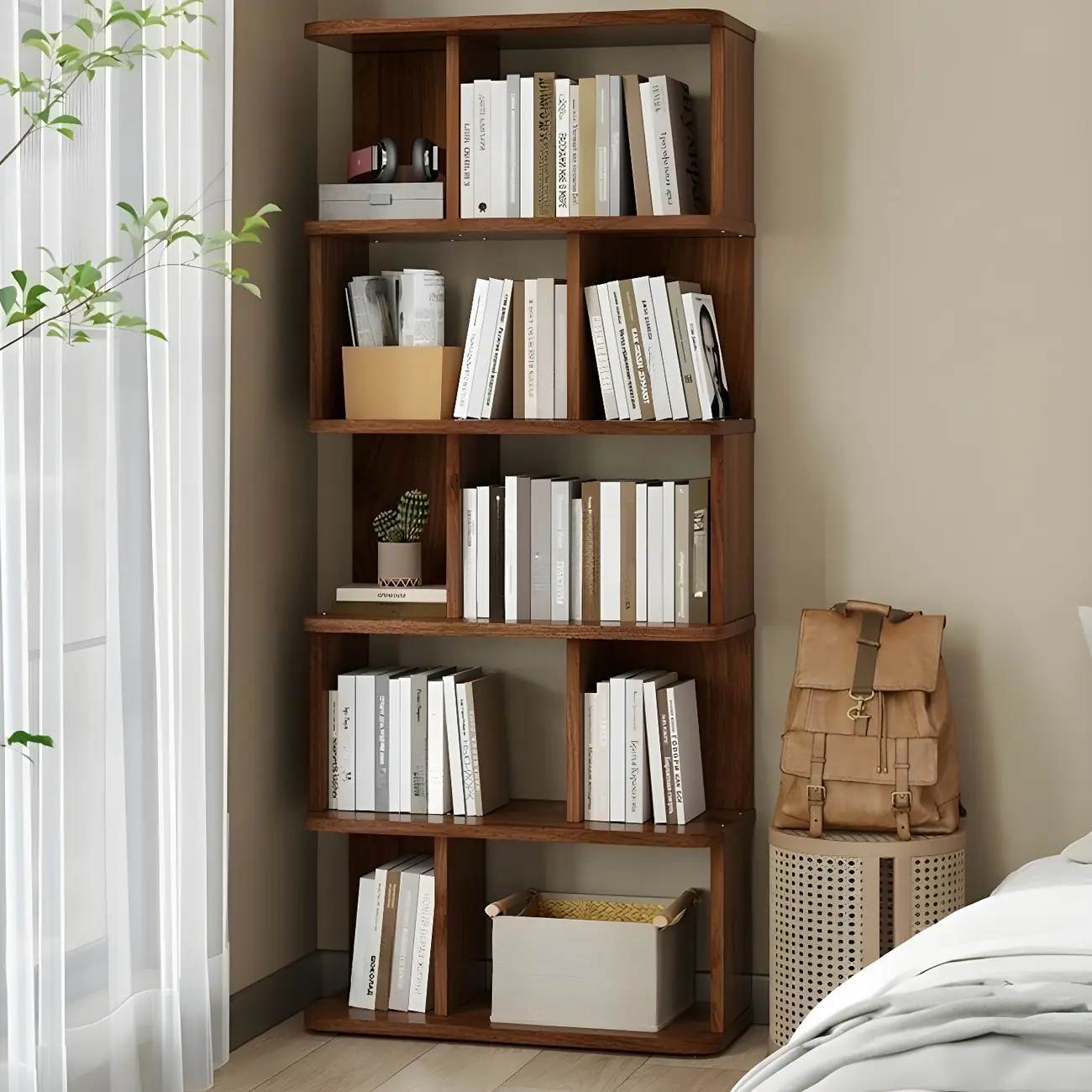 Tall Modern Walnut Open Back 6-Shelf Wood Bookcase