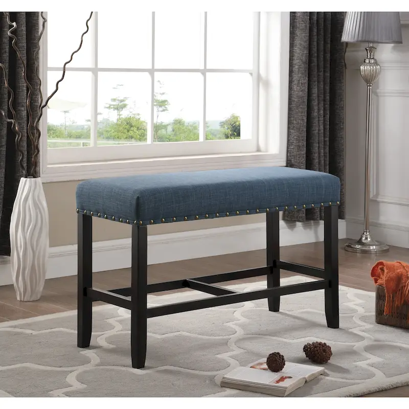 Roundhill Furniture Biony Blue Fabric Pub-Height 25.5 Dining Bench with Nailhead Trim